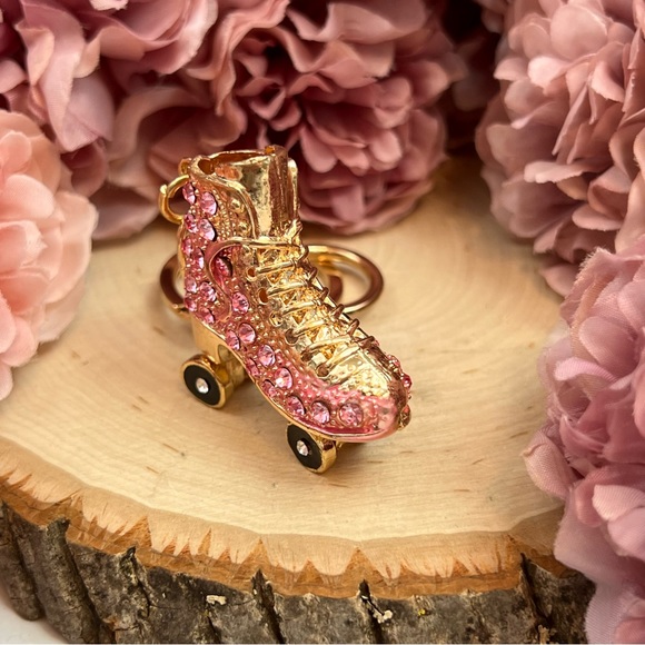 Pink and Gold Crystal Roller Skate Keychain Charm - Picture 5 of 16